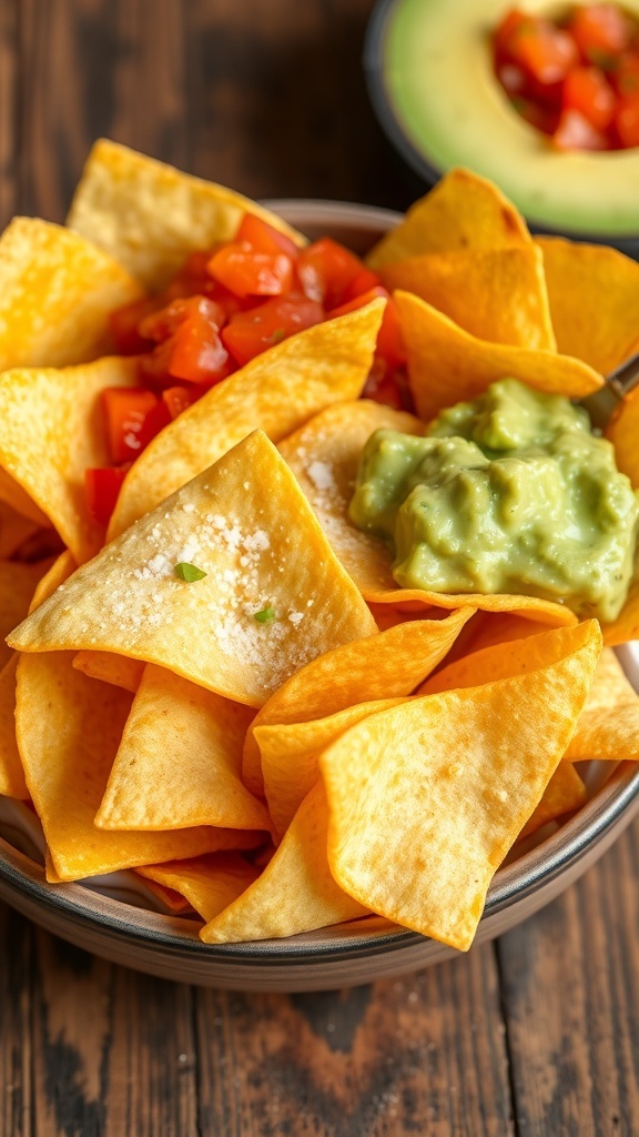 A bowl of golden tortilla chips with salsa and guacamole on a rustic table.